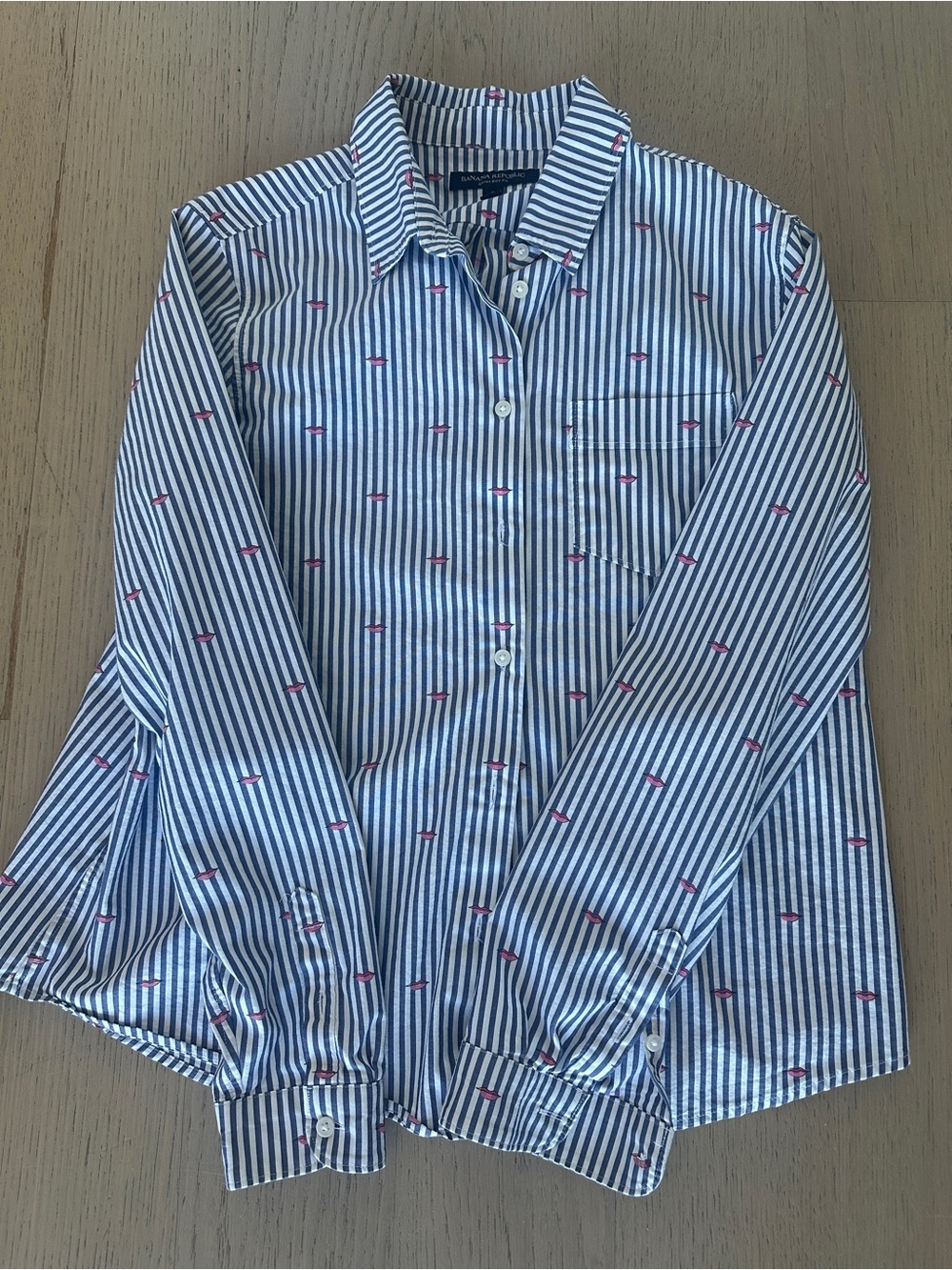 Banana Republic Blue and White Striped Button-Down with Red Dot Embroidery